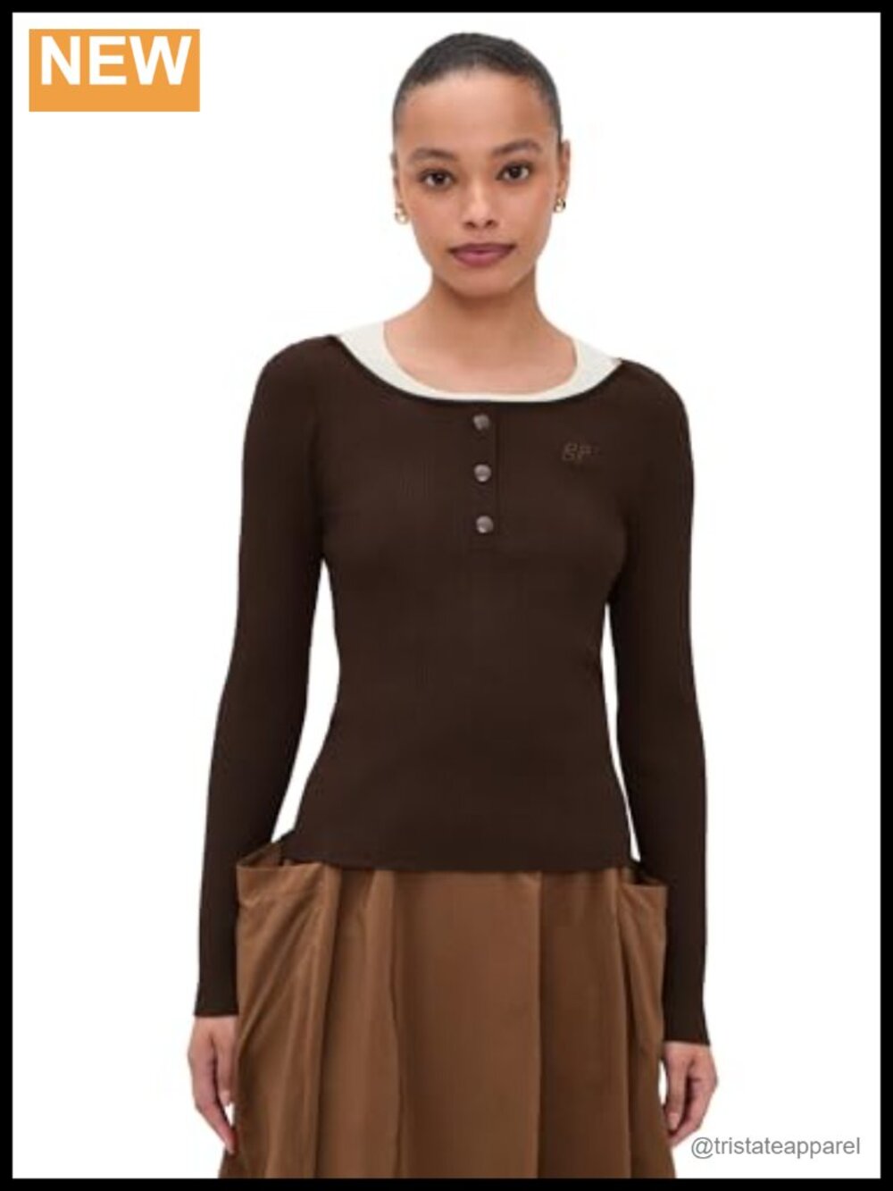 Ribbed Knit Boat Neck Blouse with Decorative Buttons